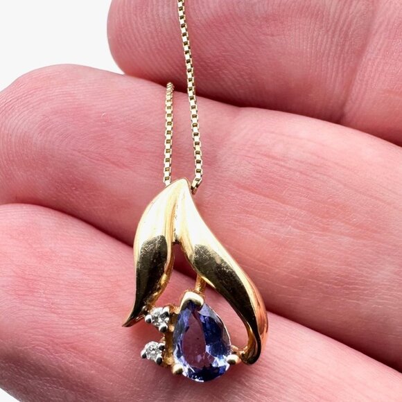 10K Gold Womens Necklace Purple Tanzanite Diamond Pendant Yellow Gold Gift Idea - Picture 4 of 8